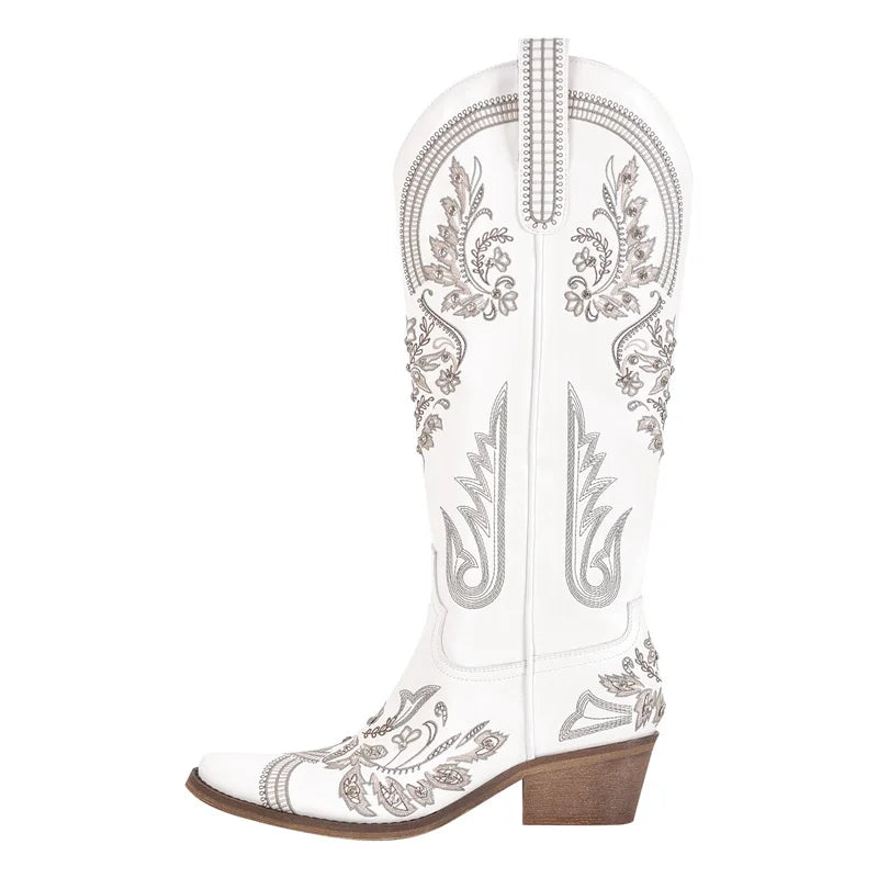 Onlymaker Women Pointed Toe Embroidered White Western Cowboy Boots Block Heel Pull-On Cowgirl Booties