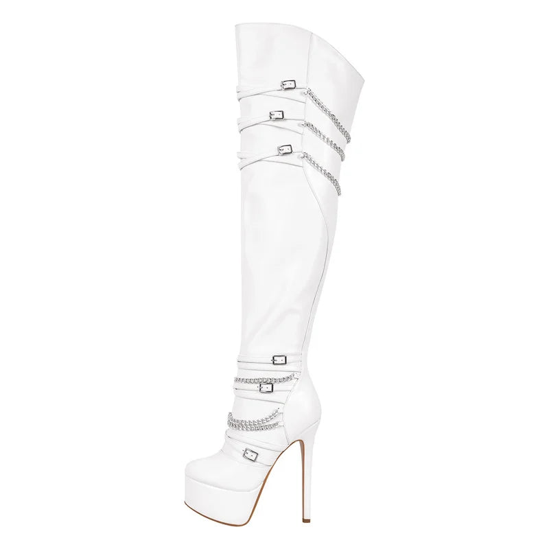 Onlymaker Women Over The Knee Boots Thin High Heel Lady Black  Metal Chain Decoration Zipper Female Winter Platform Boots