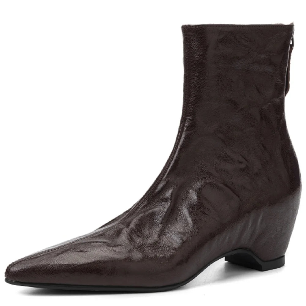 Women's Handmade Genuine Leather Short Boots Thick Heel Flat Bottom Pointed Toe Heightening Retro Boots 33-40