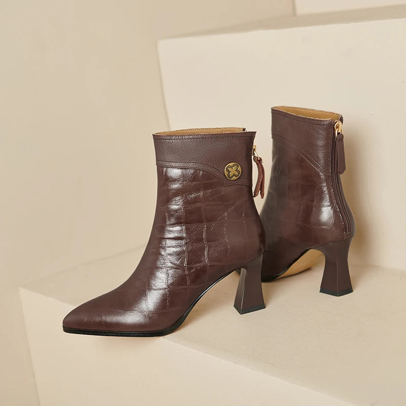 Women Handmade Genuine Leather Soft and comfortable Pointed Toe Chunky Heel Boots 34-40