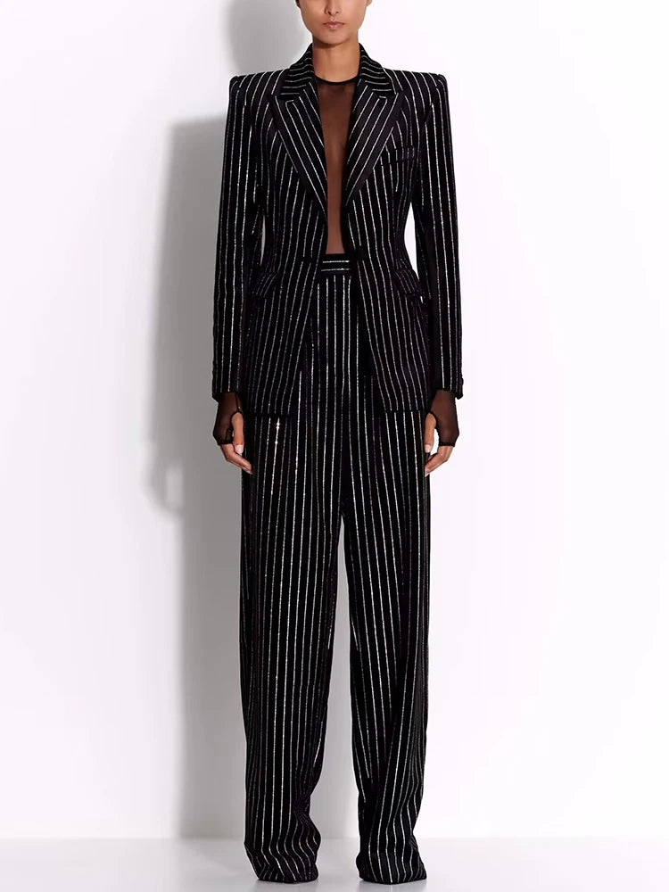 STREET Newest 2026 Designer Suit Set Women's Single Button Striped Diamonds Blazer Pants Suit 2PCS