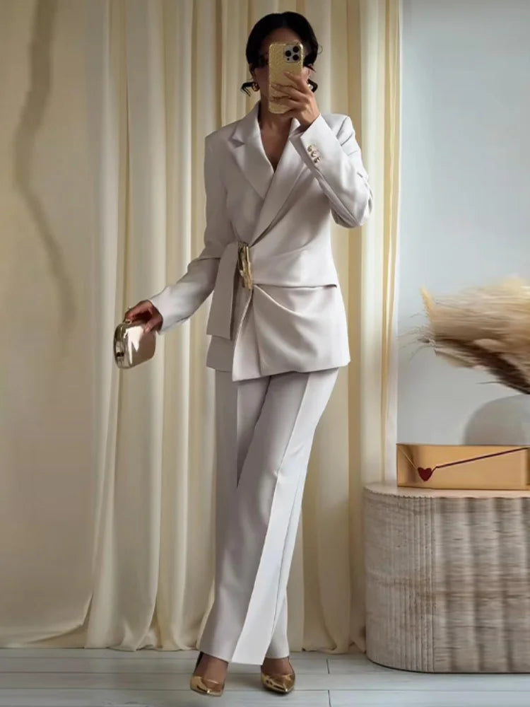 Fashion Solid Blazer Long Pants Sets Women 2026 Spring Long Sleeve Lace Up Suit Coat Wide Leg Straight Long Pant 2 Pieces Sets