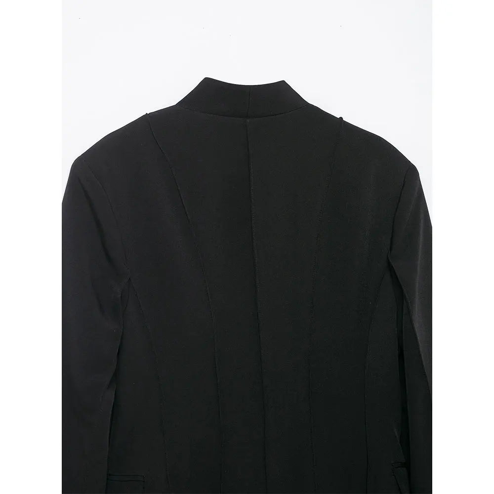 Women's With Pockets Black Blazer Vintage Long Sleeves V-Neck Female Office Lady Outfits