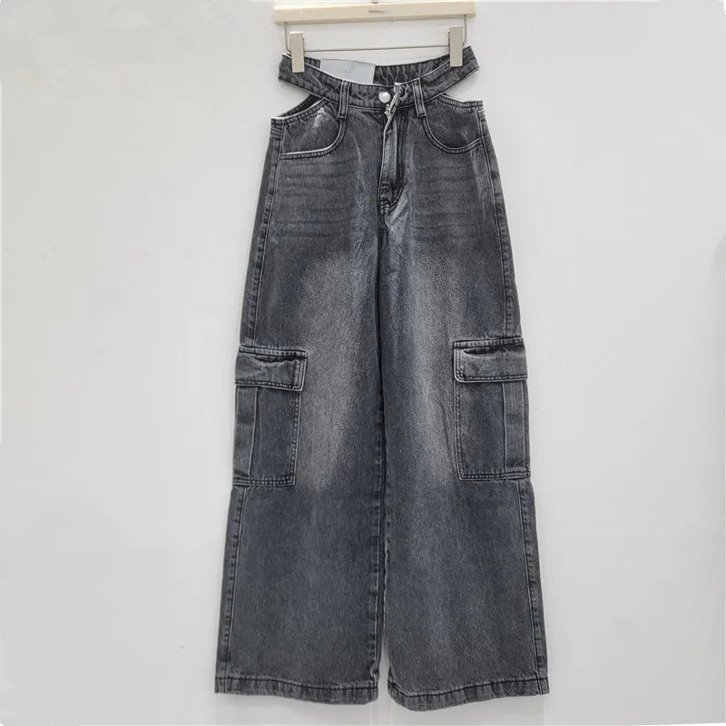2026 Spring New Fashion Vintage Cargo Jeans For Women High Waist Hollow Out Straight Versatile Wide-Leg Pants 11A08747