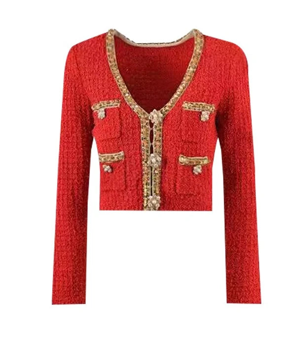 Women's red button two-piece suit with long-sleeved