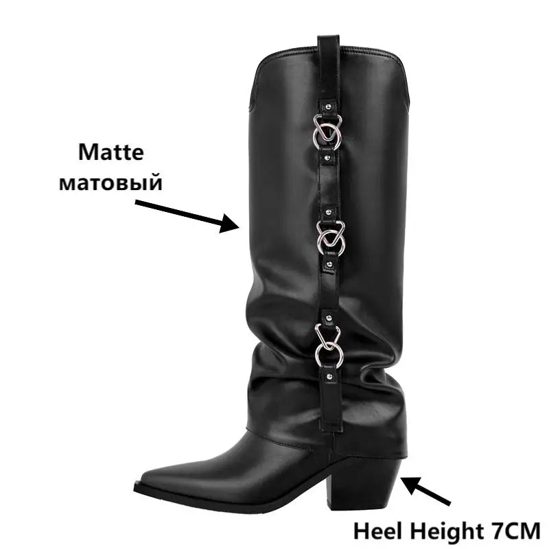 Onlymaker Women Black Matte Pointed Toe Fold Over Knee High Buckle Fashion  Western Boots