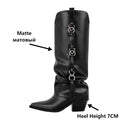 Onlymaker Women Black Matte Pointed Toe Fold Over Knee High Buckle Fashion  Western Boots