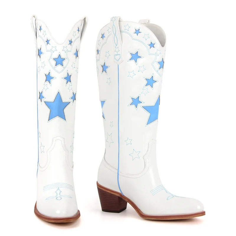 Onlymaker Women Pull-on Knee High Western Cowgirl Boots  Big Size Comfy Women White Stars Cowboy Boots