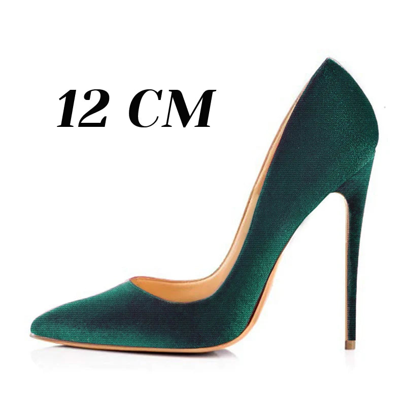 Women Stilettos Pointed Toe Thin High Heel Velvet Green Female Party Slip On Burgundy Pumps Plus Size US5-US15