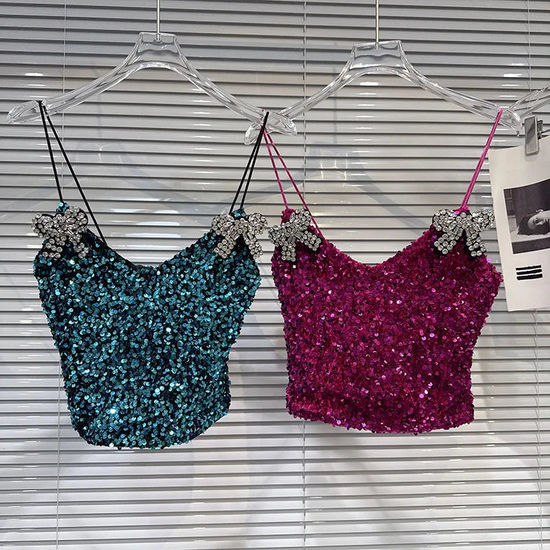 2026 Spring New Fashion Rhinestone Bow Pin Sequin Fabric Camisole For Women Versatile Backless Tank Tops Female 11A08722