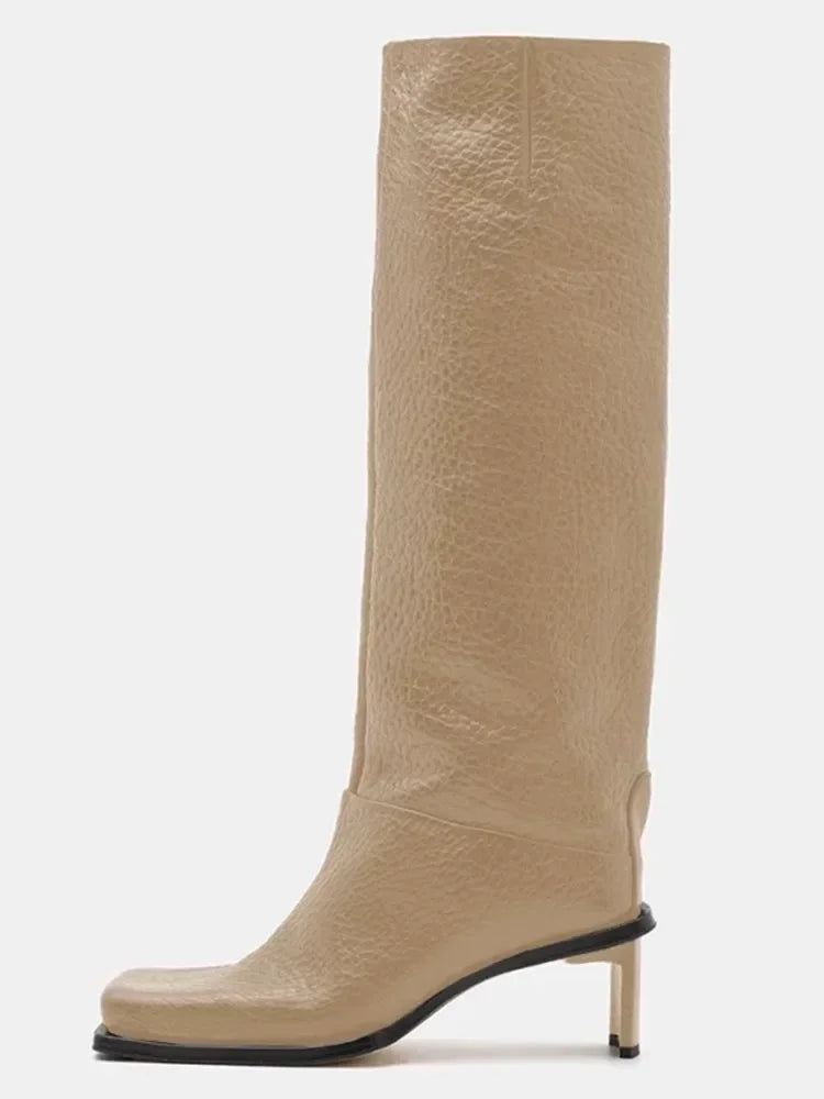 2026 New Fashionable Square Head High Heels Women's Knee Length Boots with Side Zipper Stone Pattern Women's Mid Length Boots