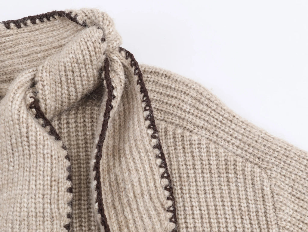 2025 Winter New Sweet and Fashionable Stand up Collar Long Sleeve Bow Decoration Knitted Sweater for Women