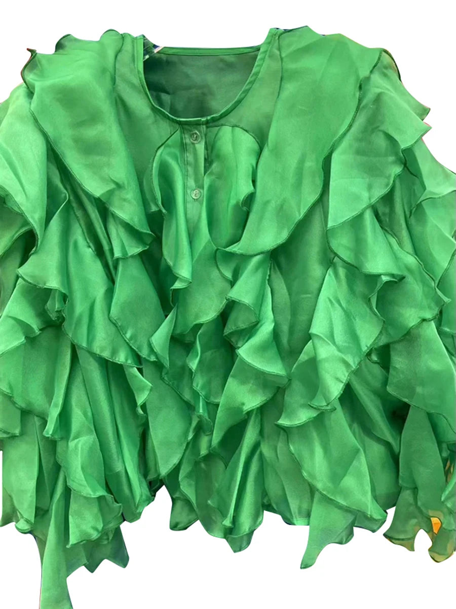 Chic Spliced Ruffles Solid Color Blouse for Women V Neck Long Sleeve Patchwork Sheer Design Loose Shirt Female Fashion Style