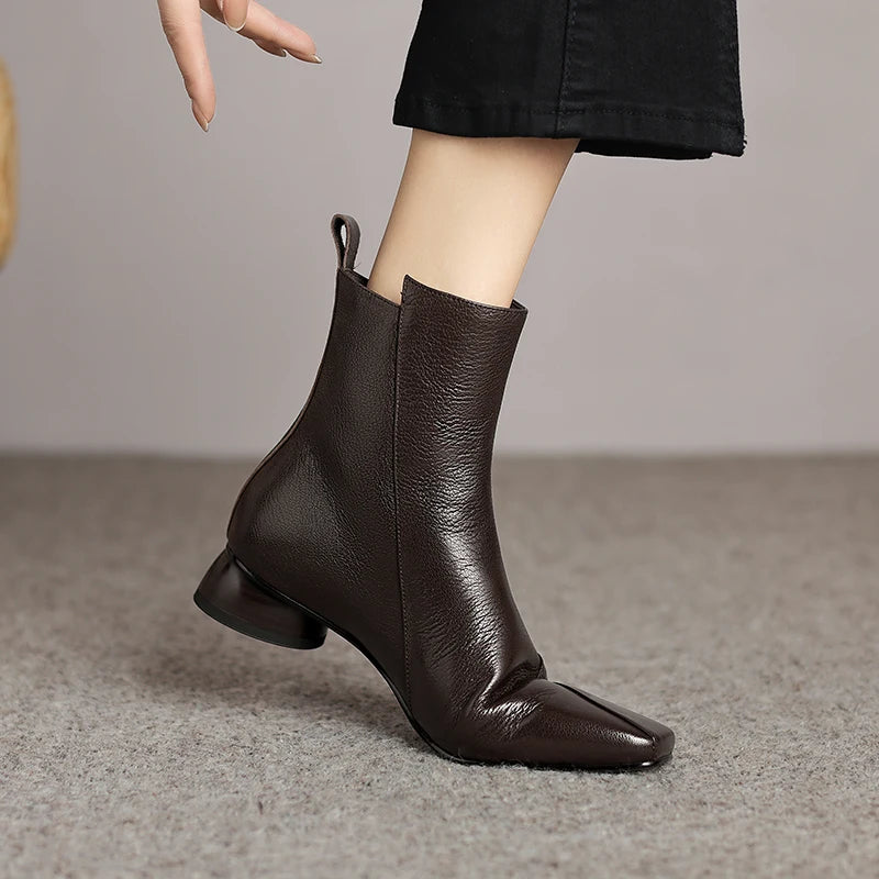 New Women Handmade Genuine Leather Soft comfortable Ankle Boots Square Toe Modern Ladies Shoes Western Boot 34-41