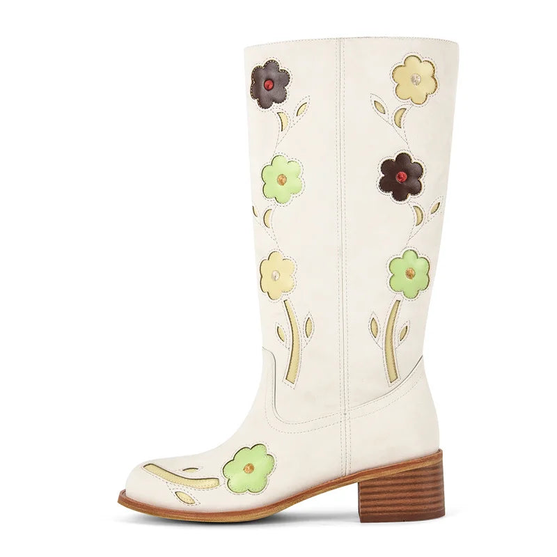 Onlymaker Women Round Toe Floral Western Embroidery Cowgirl Boots Pull On Knee High with Chunky Heel Embroidered Boots