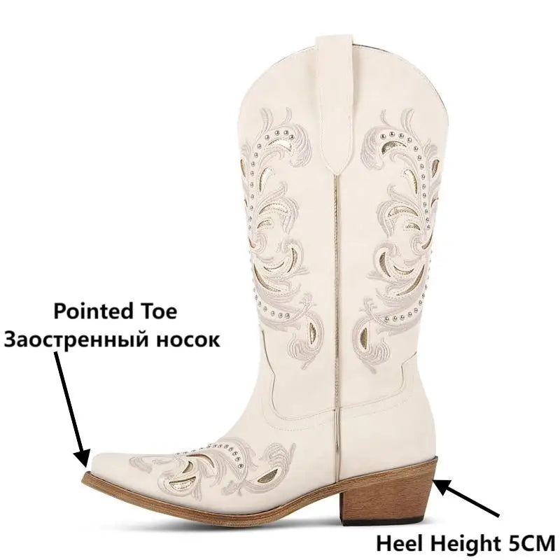 Onlymaker Women Pointed Toe Pull On Western Cowgirl Boots Fringed Chunky Heel Embroidery Cowboy Boots