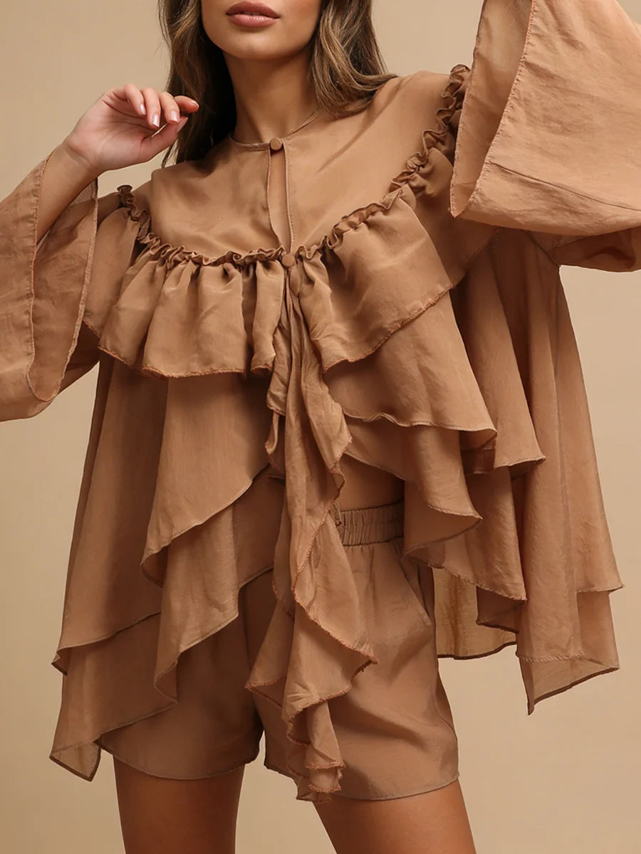 Gentle Fairy Style Loose Coffee Chiffon Blouse for Women Tiered Ruffle Accent Long Sleeve Pullover Design for Afternoon Tea