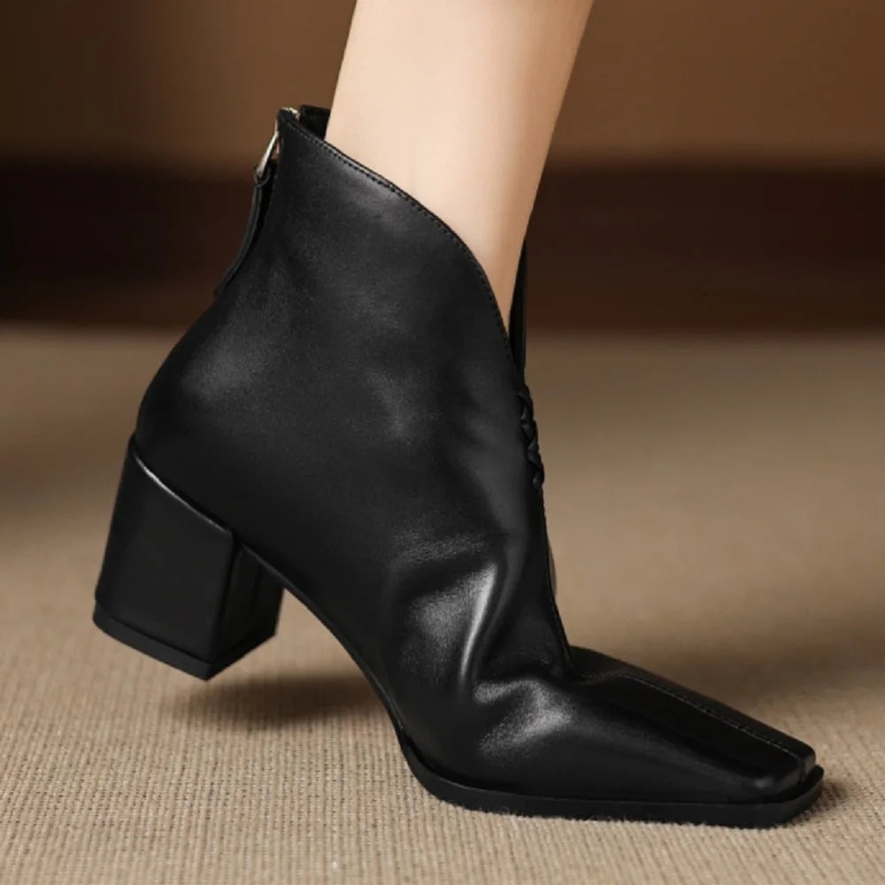 Women Handmade Genuine Leather Square Toe Ankle Boots Solid Womens Short Boots Modern Ladies Shoes 34-40