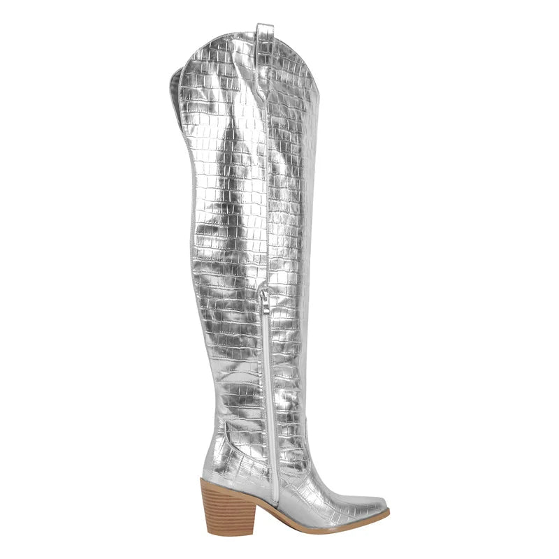 Onlymaker Women Pointed Toe Silver Over The Knee Boots  Chunky Heel Fashion Handmade Female Boots