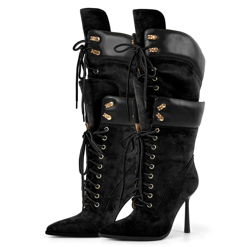 Onlymaker Women Pointed Toe Double Stiletto High Heel Lace Up Mid-Calf Boots Fashion Sexy Lace Up Strappy Knee High Boots