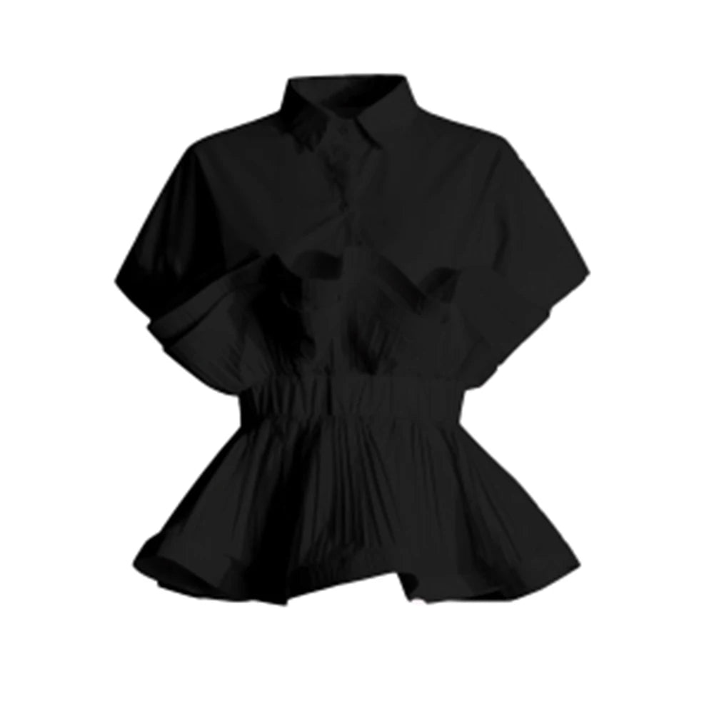 Solid Patchwork Folds Casual Shirts For Women Lapel Short Sleeve Spliced Single Breasted Minimalist Blouses Female Fashion