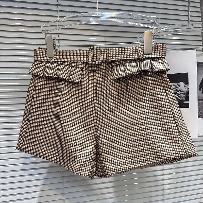 2026 Autumn New Women's Two-pieces Set Bow Tie Scarf Plaid Short Jacket Casual Versatile Belt Shorts Sets Female 11A06528