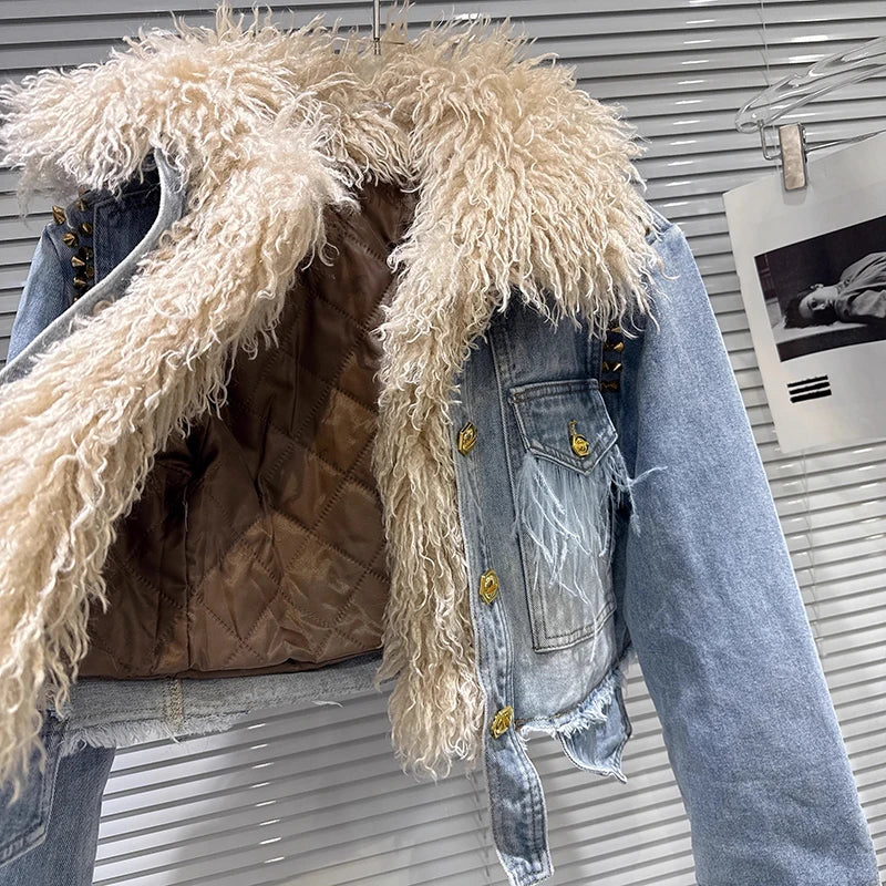 2026 Jeans Jacket Autumn New Fashion Vintage With Fur Rivets Cotton Lining Denim Jacket For Women High Waist Coat Female 11A07149