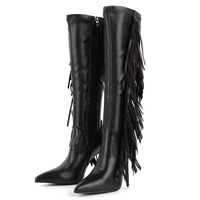 Onlymaker Women Pointed Side Fringe Zipper Stiletto Stretch Knee-high Boots Dressy Fashion Sexy Party Winter Boots