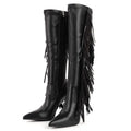 Onlymaker Women Pointed Side Fringe Zipper Stiletto Stretch Knee-high Boots Dressy Fashion Sexy Party Winter Boots