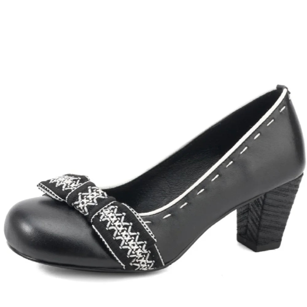 Handmade Genuine Leather Chunky Heel Bow Flats Style Round Toe Shallow Cut Spring New Versatile Shoes Women 34-40