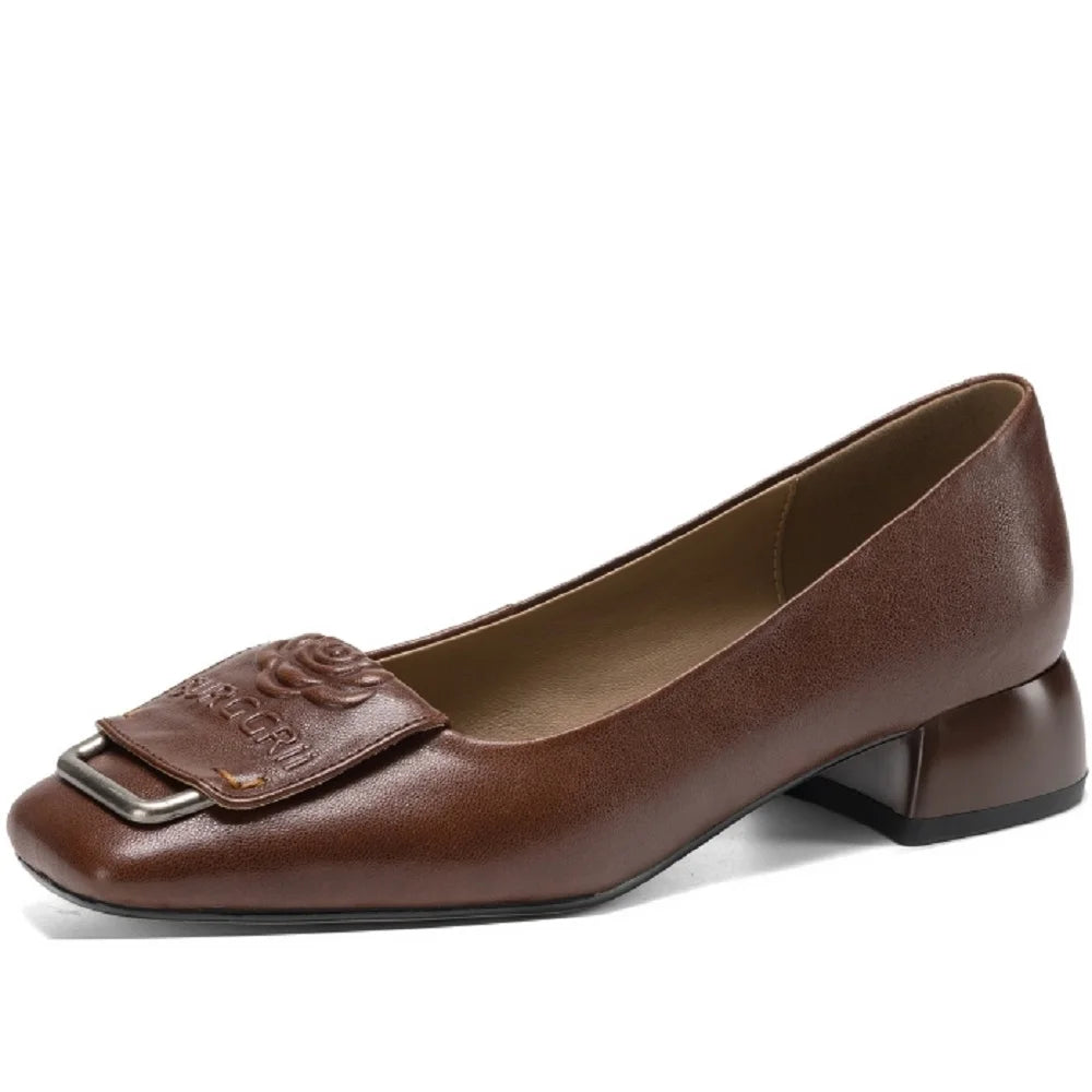 Handmade Genuine Leather Women Soft comfortable Square Toe Dec Mid Thick Heels Office Ladies Dress Shoes Female