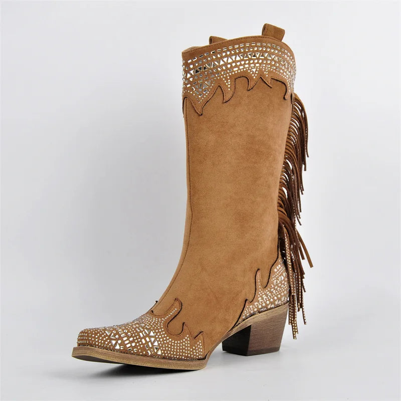 Women Pointed Toe Fringe Side Zipper Retro Western Cowgirl Boots Fringed Chunky Heel Embroidery Cowboy Boots
