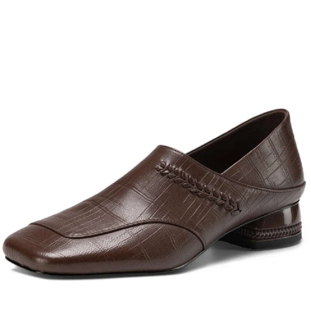 Handmade Genuine Leather Soft and comfortable Square Toe Chunky Heel Deep Mouth Formal Shoes for Women 34-40