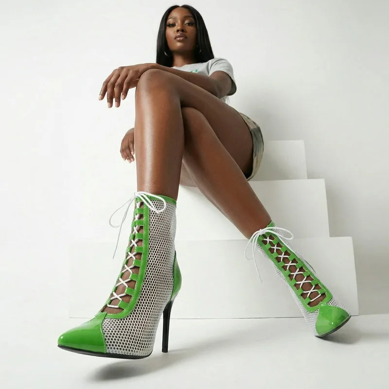 2026 Spring/Summer Women's Stiletto High Heels Mesh Strap Cool Boots Pointed New Style 34-48 Large Short Boots