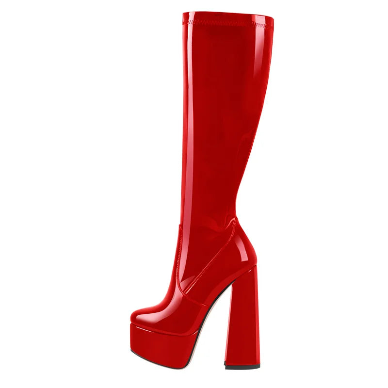 Onlymaker Boots Women Black Platform Chunky Heel Knee High Patent Leather Square Toe  Lady Fashion Boots