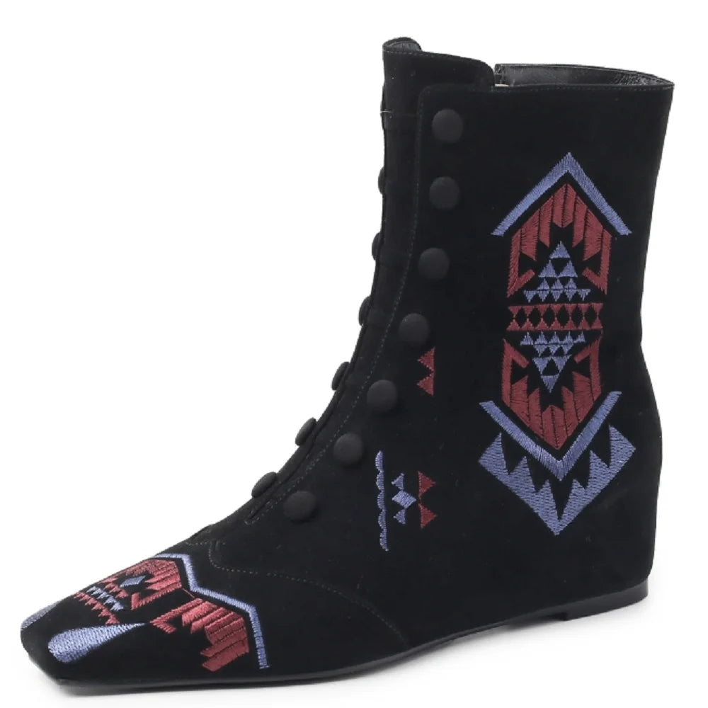 Handmade Genuine Leather Embroidered Boots Tube Low Heel Women Footwear Winter Season Square Toe Slope Heel 33-40