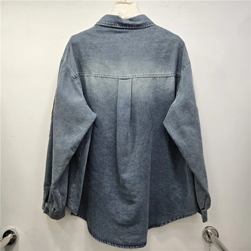 2026 Early Spring New Style Heavy Beaded Embroidery Denim Shirt For Women Loose Versatile Jacket Female Trendy 11A08742