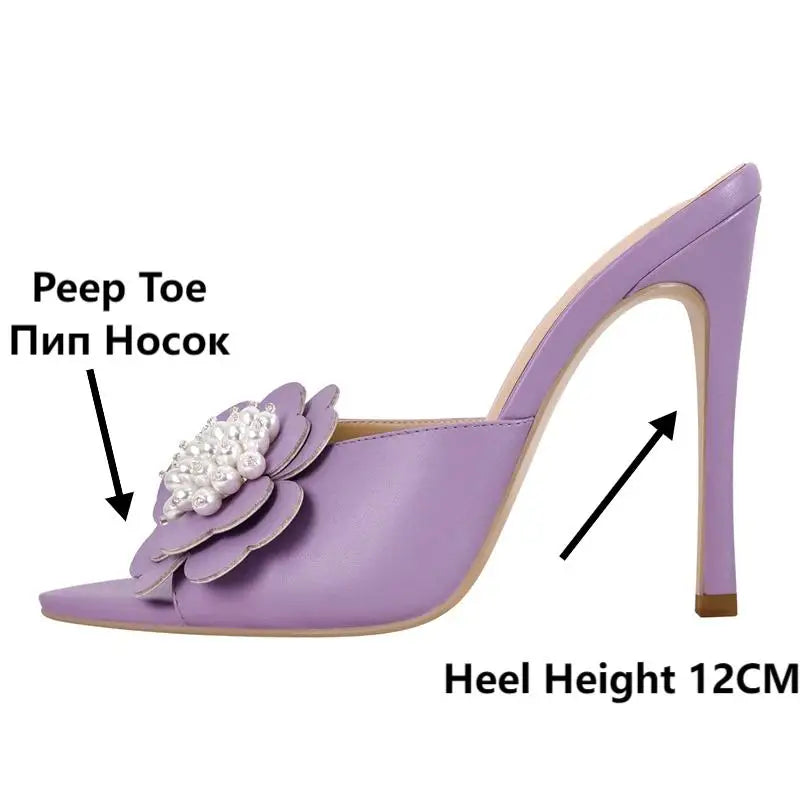 Women Peep Toe Mules Flower Pearl Pointed Toe Big Size Stiletto Mules