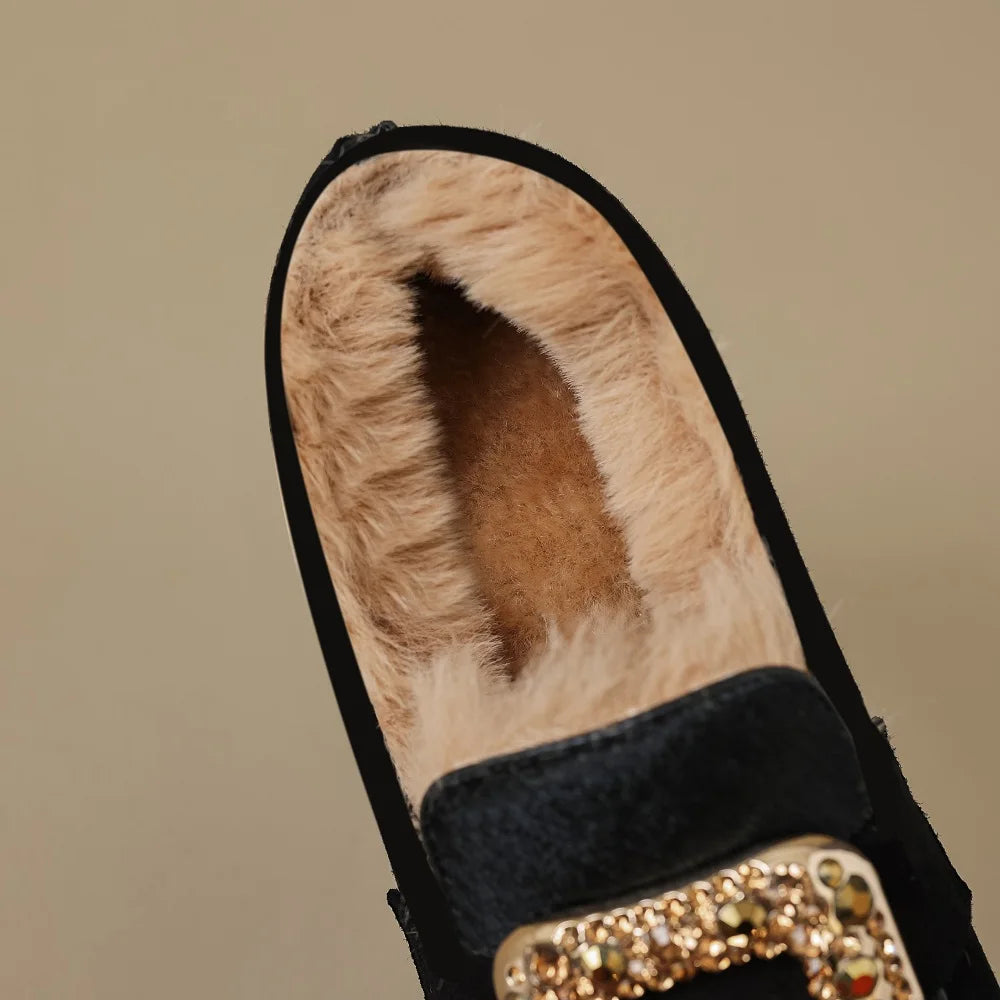 Square Crystal Buckle Women Casual Shoes Round Toe Low Heel Suede Leather Fashion and Comfort Loafers Warm Plush in