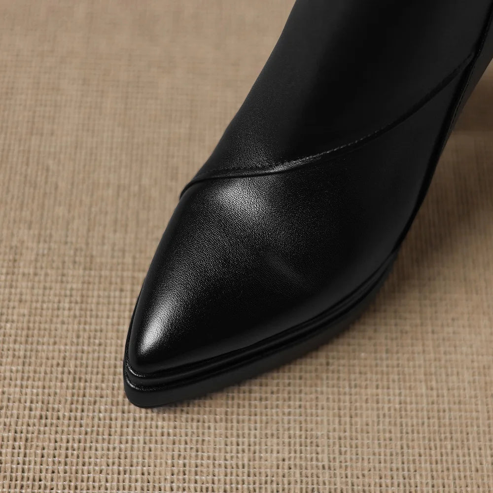 Handmade Genuine Leather Women New High Quality Short Ankle Boots Pointed Zipper Thick High Heels Boots 34-40