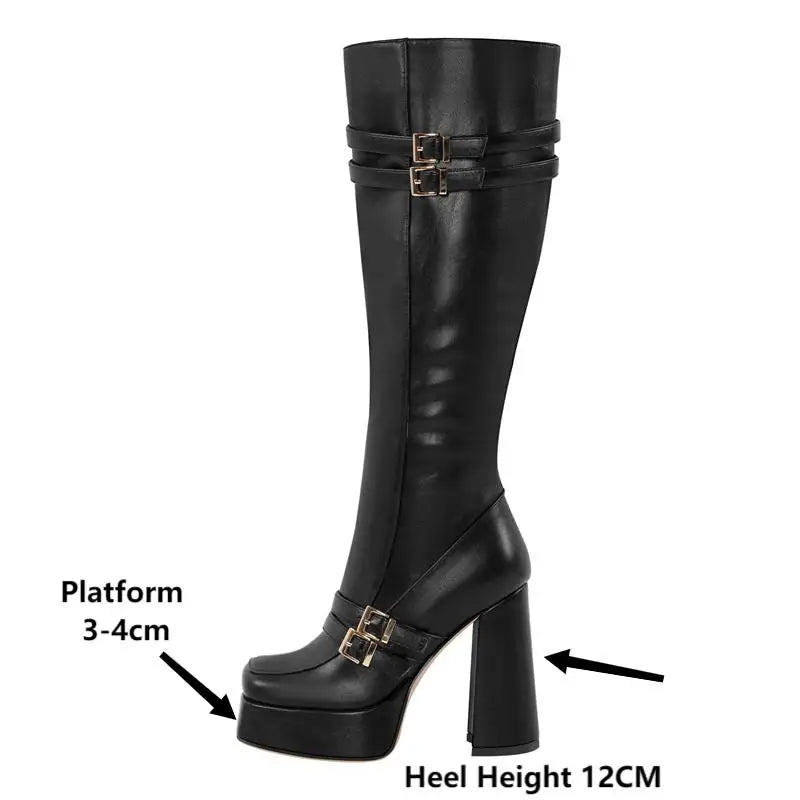 Onlymaker Women Platform Square Toe Side Zipper Knee High Boots Classic Big Size Winter Black Matte Lady Punk Boots