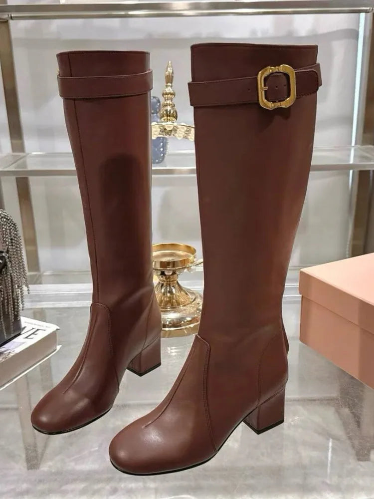 Women's New Thick High Heels Knee High Boots Autumn and Winter Round Toe Buckle Fashionable Mid Heel Boots Women's Short Boots