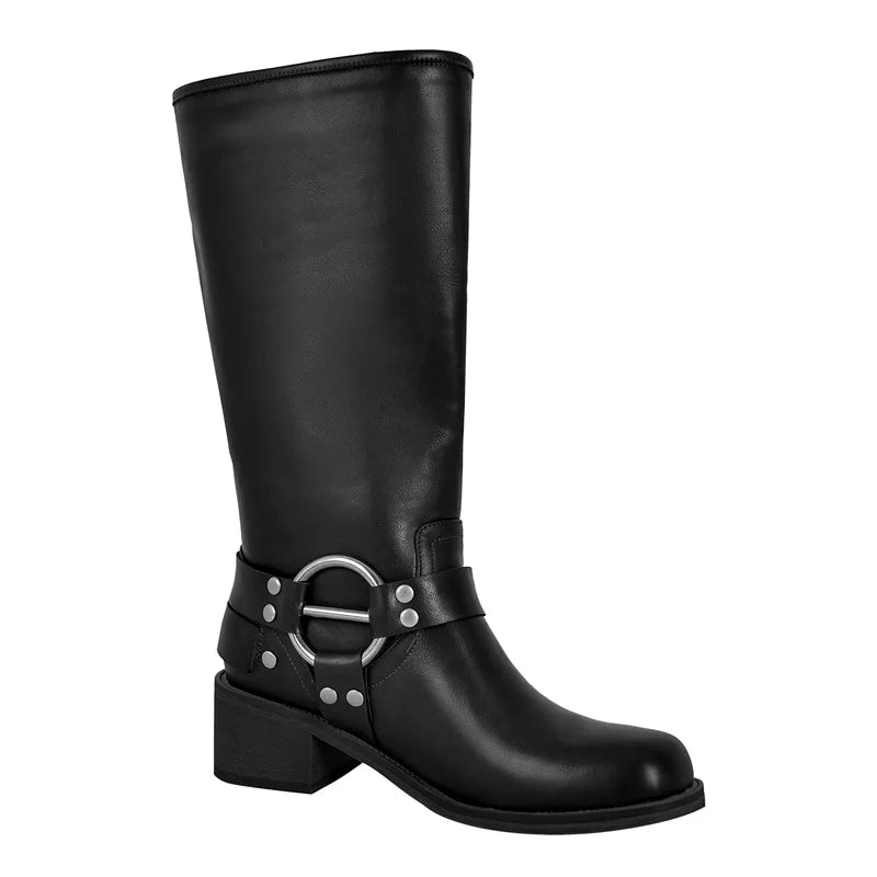 Onlymaker Women Gothic Black Round Toe Knee High Boots Heeled Metal Rivet Buckle Fashion 2023 Autumn Motorcycle Boots
