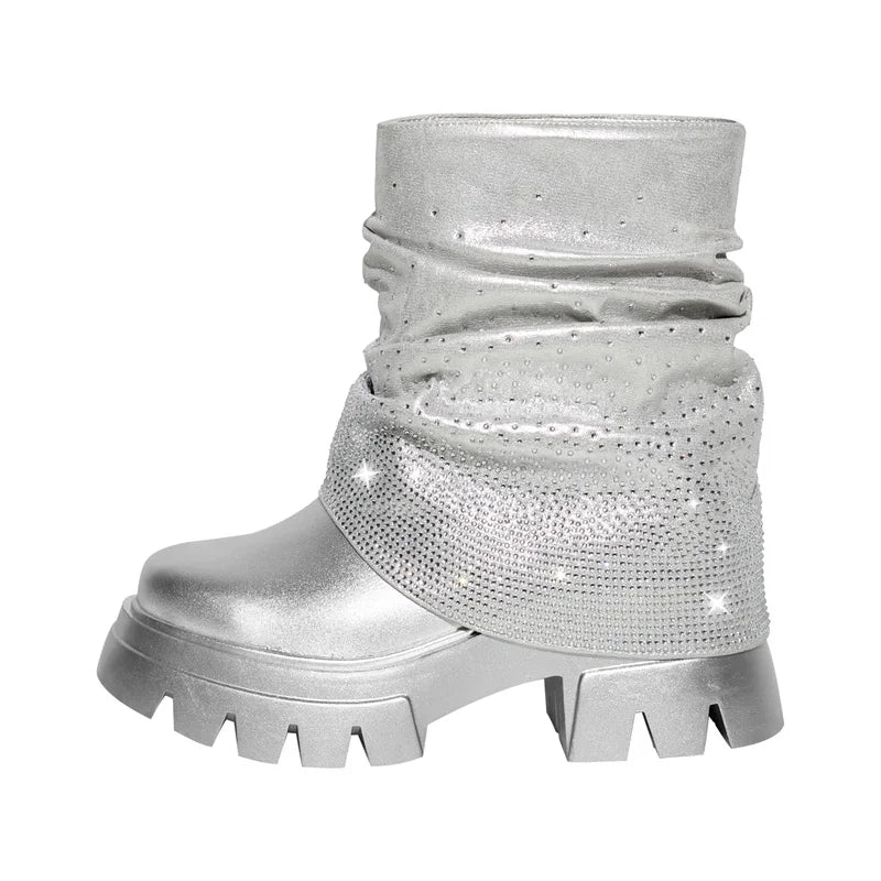 Women Blue Fold Over Rhinestone Trim Boots Round Toe Side Zipper Female  Mid-Calf Boots