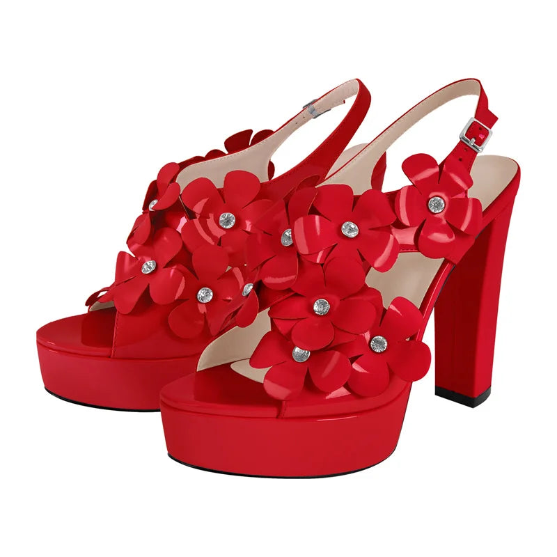 Women Open Toe Pink Patent Leather  Platform Chuncky Heel Ankle Buckle Strap Sandals Big Size Flower Punk Sandals