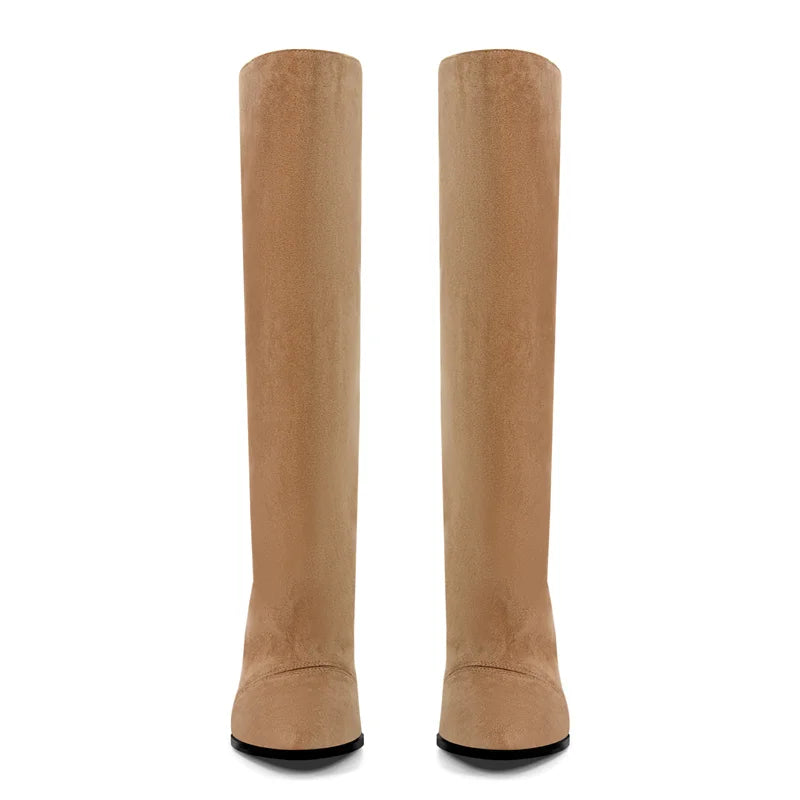 Onlymaker Woman Pointed Toe Wedge Heel Knee High Boots Winter Fashion Pull-On Handmade Boots