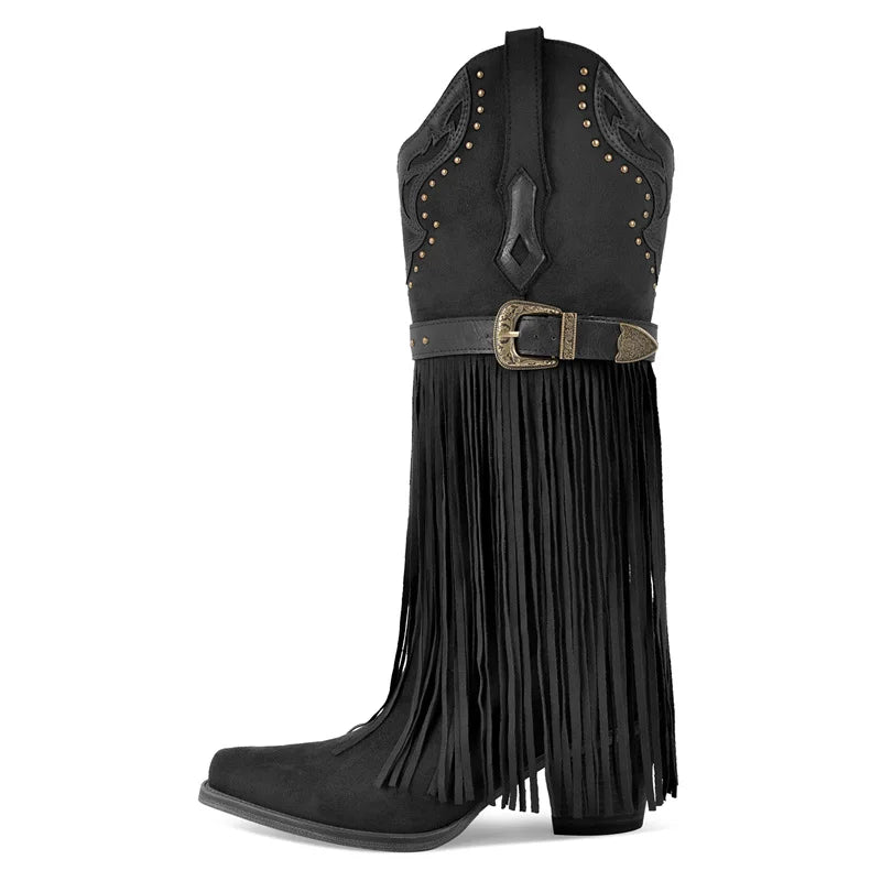 Onlymaker Women Pointed Toe Pull-on Knee High Fringe Boots Comfy Pull On Mid Calf Chunky Heel Embroidered Western Boots