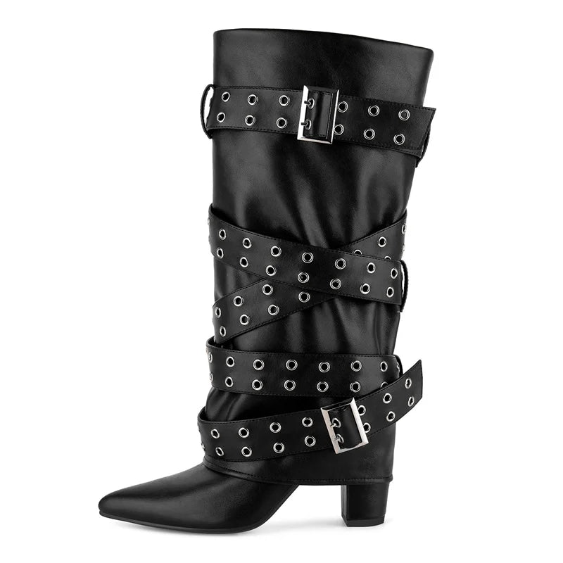 Pointed Toe Fold Over Buckle Strap Mid-Calf Boots Chunky Heel Shoes Autumn Solid Pull On Fashion Elegant Boots