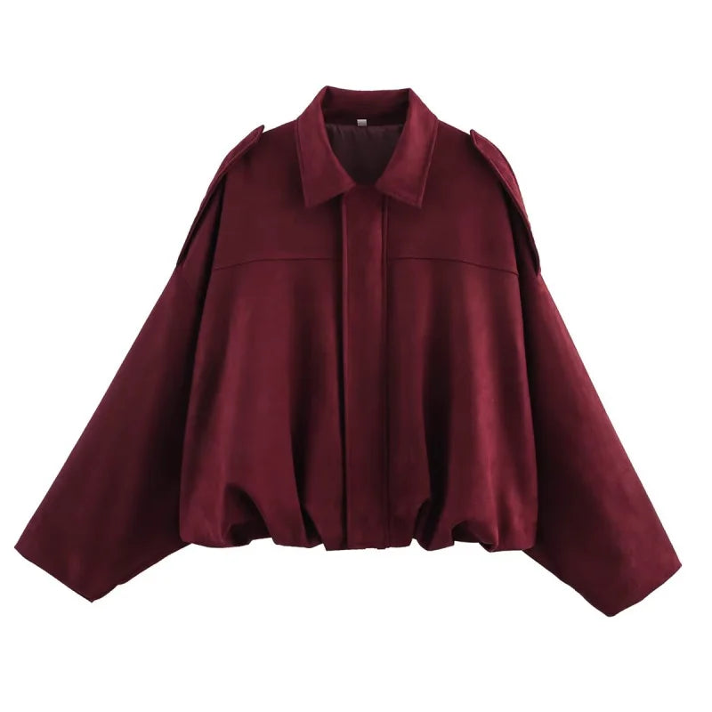 2025  Spring new women's suede texture effect Loose version of fashion lapel shoulder bomber jacket