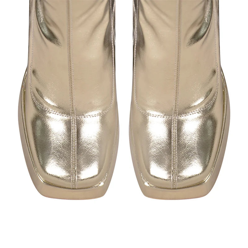 Onlymaker Women Platform Square Toe Side Zipper Knee High Boots Big Size Winter Lady Gold Punk Boots